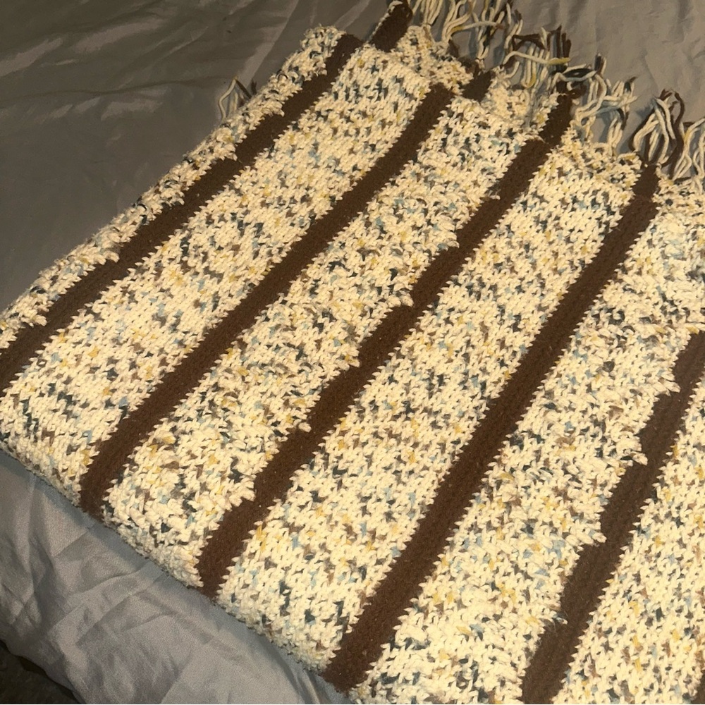 Granny Afghan Crochet Knit Throw Blanket Fringe  Brown Tan  68X72 Large Fall